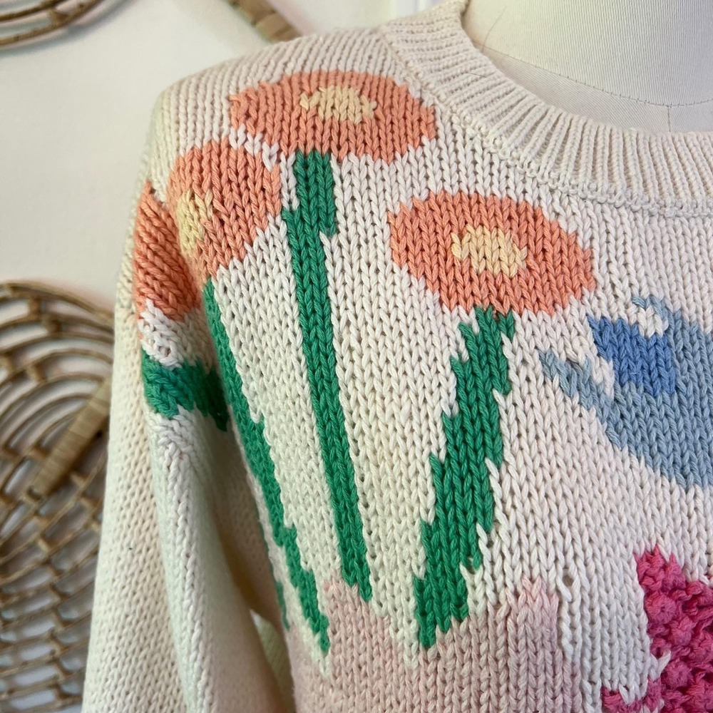 Vintage Cream Cotton Knit Floral Intarsia Sweater Popcorn Stitch Large - Picture 4 of 7